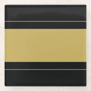 Wide Sporty Golden Tan Racing Stripes On Black Glass Coaster