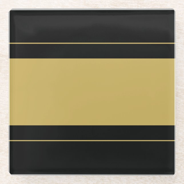 Wide Sporty Golden Tan Racing Stripes On Black Glass Coaster (Front)