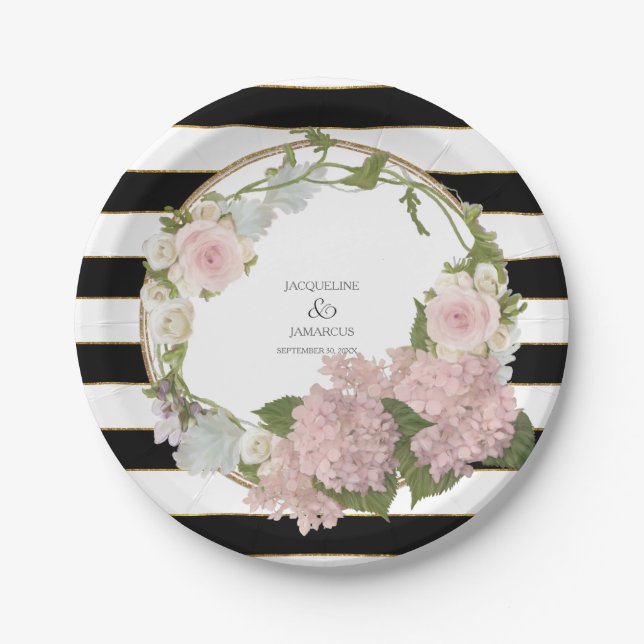 Wide Striped Hydrangea Floral Wreath Hand Painted Paper Plate (Front)