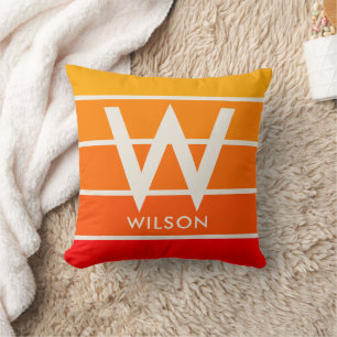 Wide Sunrise Red Orange Stripe Monogram  Cushion