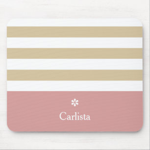 Wide Tan Horizontal Stripes Pink Name and Daisy Mouse Mat