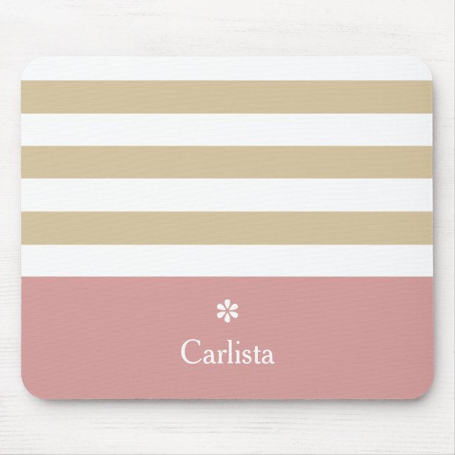 Wide Tan Horizontal Stripes Pink Name and Daisy Mouse Mat (Front)
