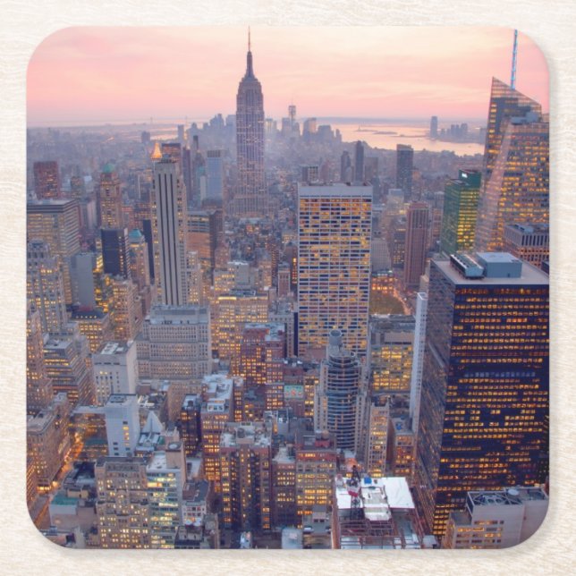 Wide view of Manhattan at sunset Square Paper Coaster (Front)