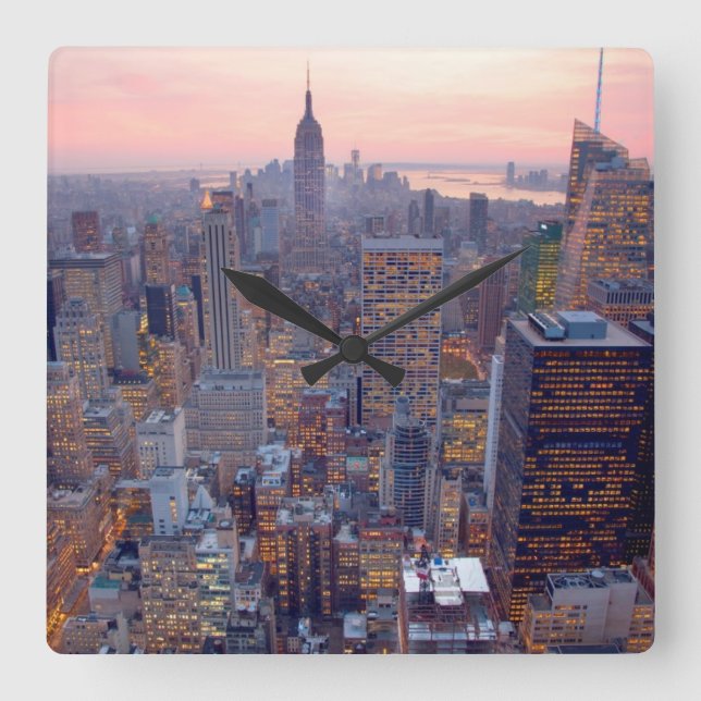 Wide view of Manhattan at sunset Square Wall Clock (Front)