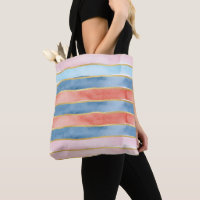 Wide Watercolor Stripes of Blue Pink Coral