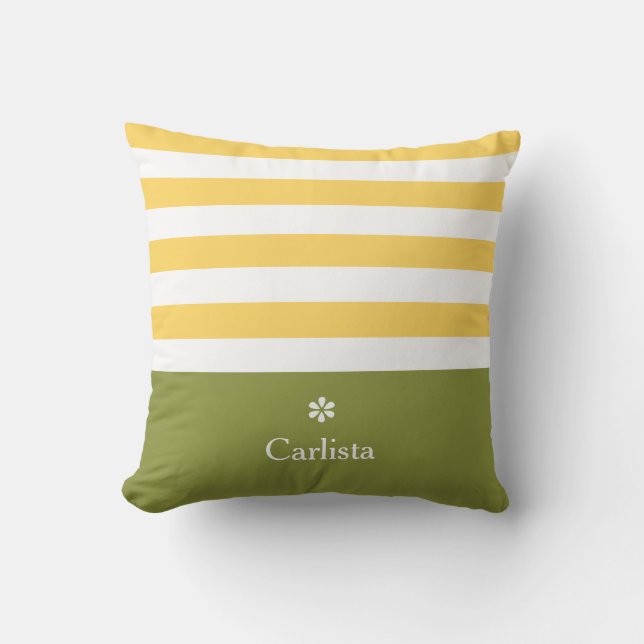 Wide Yellow Horizontal Stripes Green Name Daisy Cushion (Front)