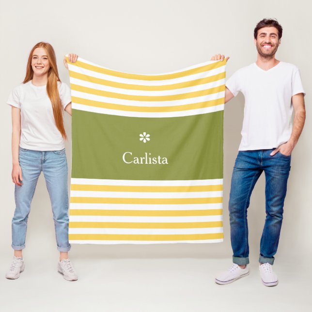 Wide Yellow Horizontal Stripes Green Name Daisy Fleece Blanket (In Situ)