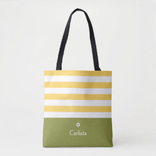 Wide Yellow Horizontal Stripes Green Name Daisy Tote Bag