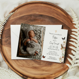 Widflowers Butterfly Baptism custom photo Invit Invitation