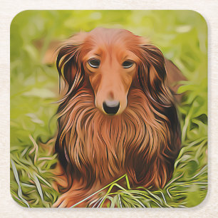 Wiener Brown Dachshund On Grass In The Garden Xmas Square Paper Coaster