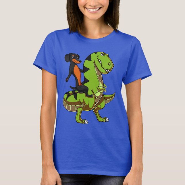 Wiener Dog Dachshund Riding T-Rex Dinosaur T-Shirt (Front)