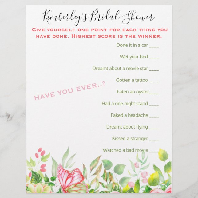 Wierdest Question Game Floral Baby Shower Activity (Front)