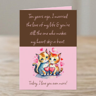 Wife 10th Anniversary cats brown pink Card