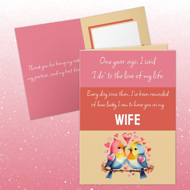 Wife 1st Anniversary pink red cute birds Card (Creator Uploaded)