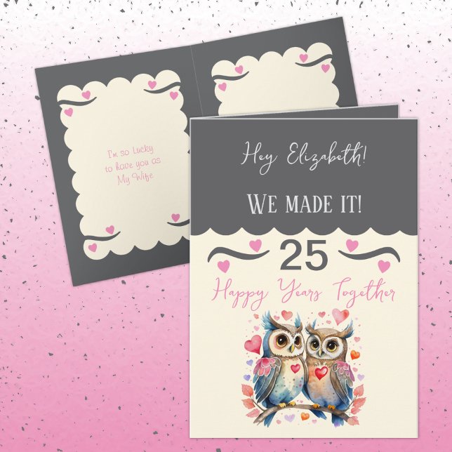 Wife 25th anniversary owls grey pink card (Creator Uploaded)