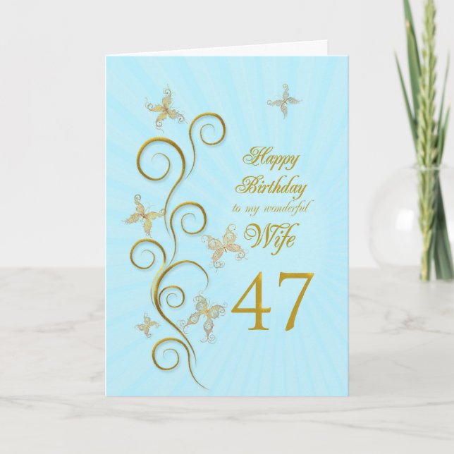 Wife 47th Birthday with golden butterflies Card (Front)