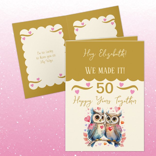 Wife 50th anniversary owls gold pink card (Creator Uploaded)