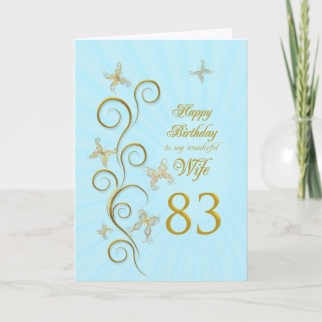 Wife 83rd Birthday with golden butterflies Card (Front)