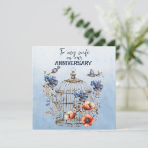 Wife Anniversary Blue and Orange Poppies Birdcage Card