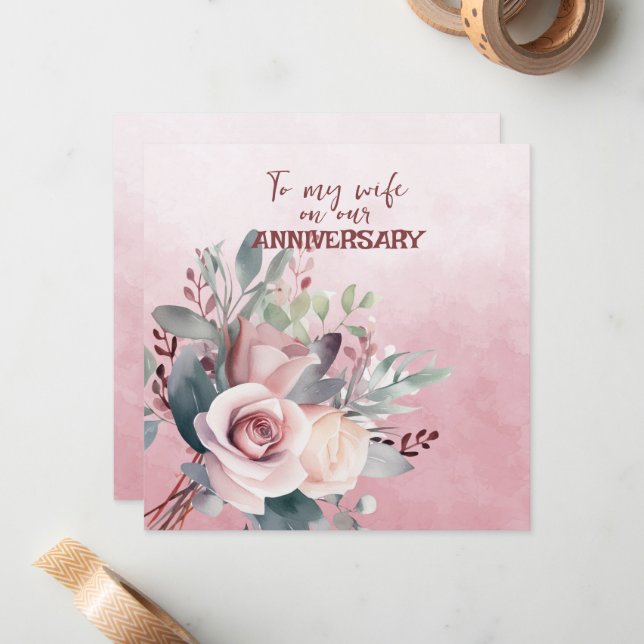 Wife Anniversary Pink Roses  Card (Front/Back In Situ)