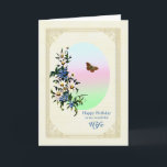 Wife Birthday Flowers and Butterfly Card<br><div class="desc">A beautiful floral birthday card for a wife. A lovely bouquet of blue and white flowers with a brown butterfly in flight. The picture has a delicate golden frame.</div>