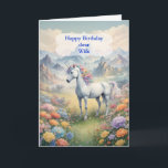Wife Birthday Unicorn  Card<br><div class="desc">Send wishes for a magical birthday. Wish your wife a happy unicorn birthday. A dreamy image of a white unicorn with a rainbow main standing in a field of flowers. in the background are majestic mountains.The perfect card to give those who love magical and mystical unicorns.</div>