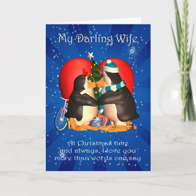 Wife Christmas Card With Kissing Penguins Heart An (Front)