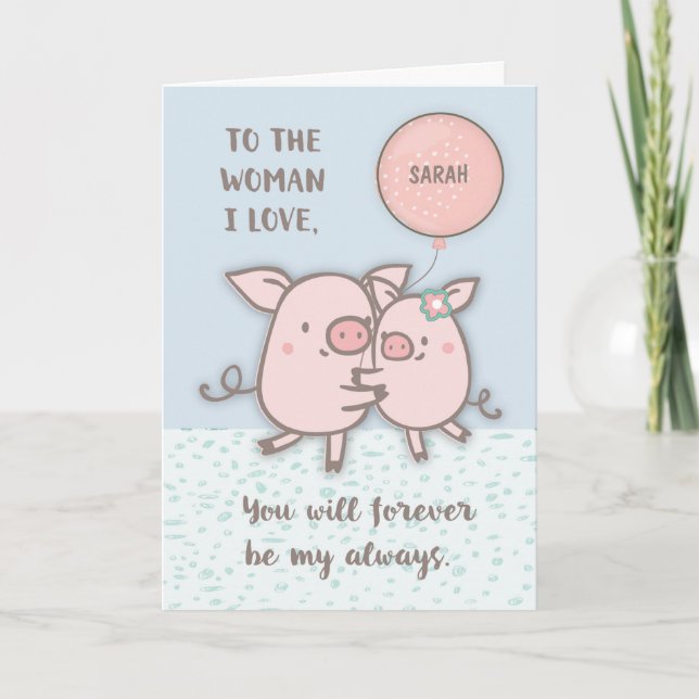 Wife Custom Name Happy Anniversary Cute Pigs Card (Front)