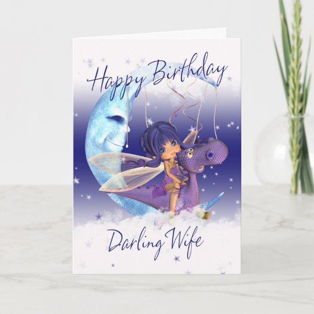 Wife Cute Birthday card, purple dragon with fairy Card (Front)