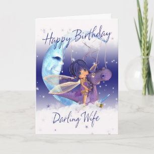 Wife Cute Birthday card, purple dragon with fairy Card