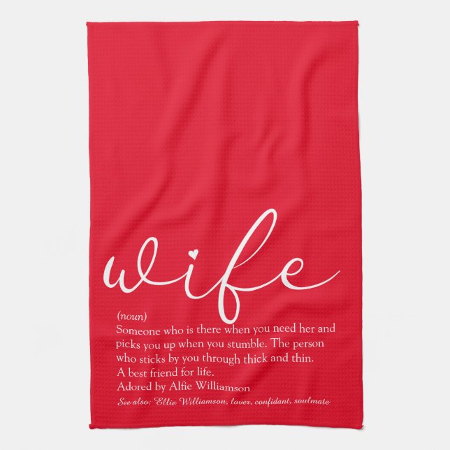 Wife Definition Elegant Script Love Heart Red Tea Towel (Vertical)