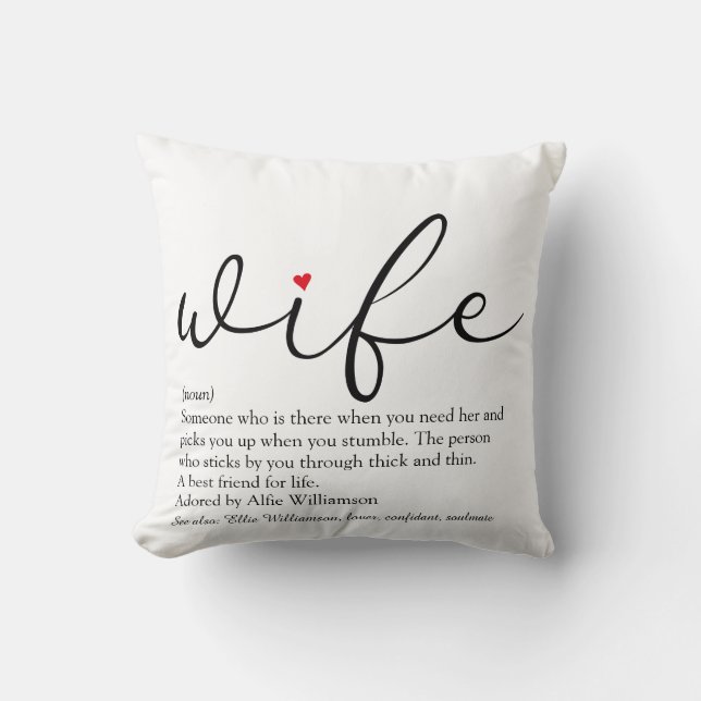 Wife Definition Red Heart Black and White Script Cushion (Front)