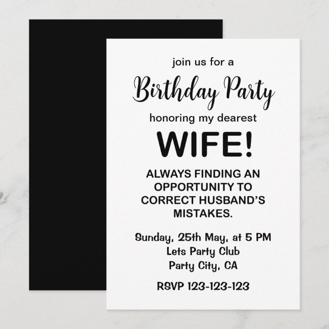 Wife Funny Typography Wife Birthday Invitation (Front/Back)
