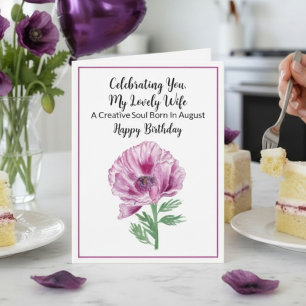 Wife Happy August Birthday Purple Poppy  Card