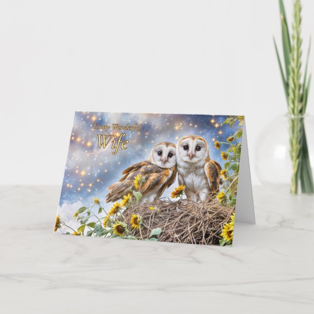 Wife Happy Birthday Owl Couple with Stars Flowers Card (Front)