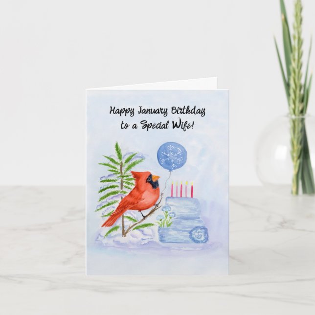 Wife Happy January Birthday Cardinal Cake Card (Front)
