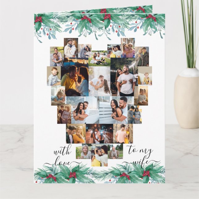 Wife Heart Photo Collage Holly Mistletoe Christmas Card (Front)