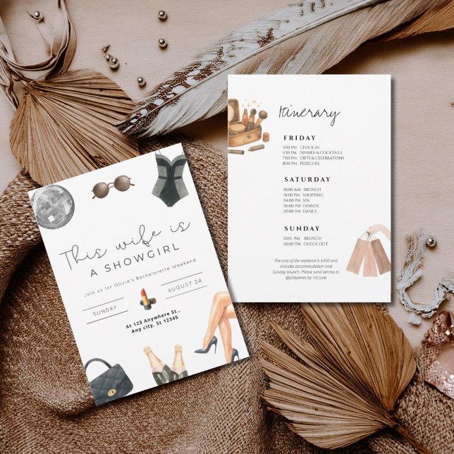 Wife is a showgirl bachelorette weekend itinerary  invitation (Creator Uploaded)