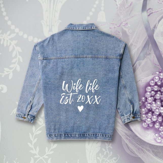Wife life est. white typography and heart wedding denim jacket (Creator Uploaded)