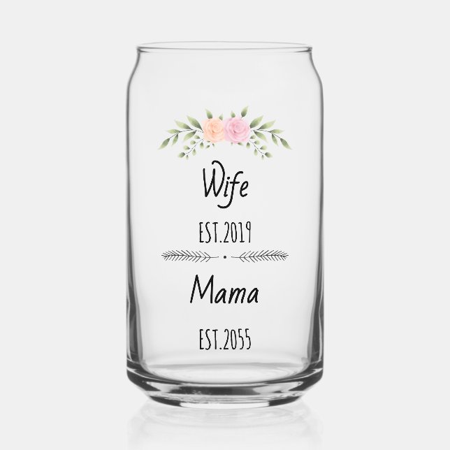 Wife & Mama Custom Floral Family Title with Est Can Glass (Front)