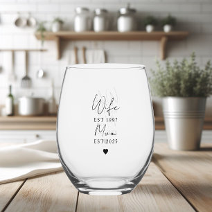 Wife Mom EST 2025   New Mom Gift Stemless Wine Glass