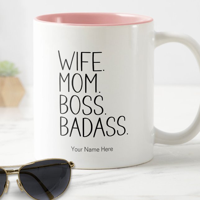 Wife Mum Boss Badass Funny Saying Mum Humour Two-Tone Coffee Mug (Wife. Mom. Boss. Badass. Coffee Mug)