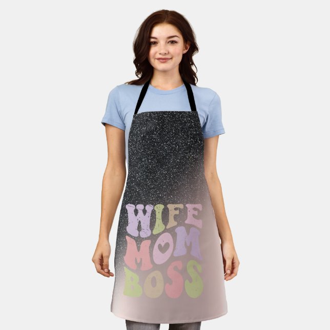 Wife Mum Boss Black Glitter Ombre Rose Gold  Apron (Worn)