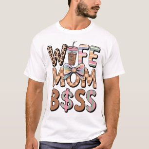 Wife Mum Boss Leopard Coffee Bow Cute T-Shirt