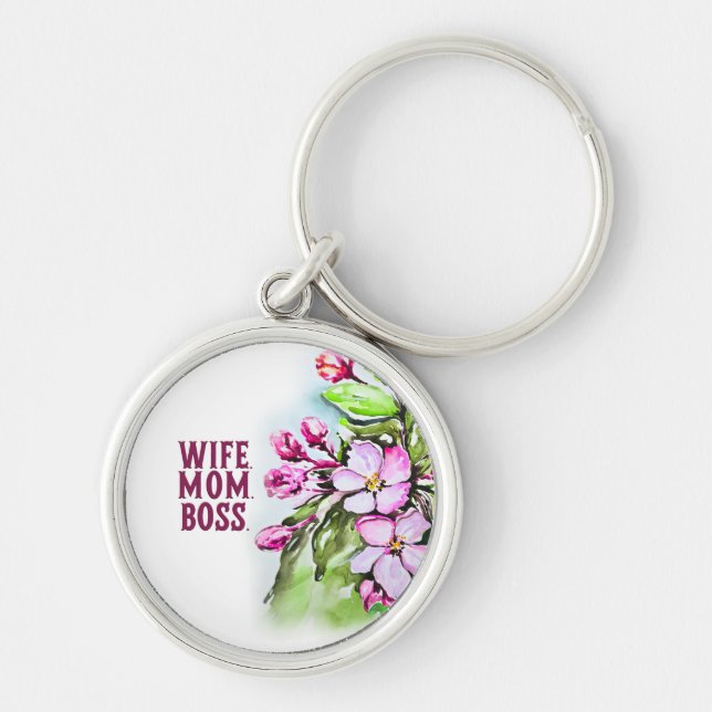 Wife Mum Boss, Pink Flowers Key Ring (Front)