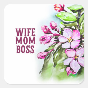 Wife Mum Boss, Pink Flowers Square Sticker