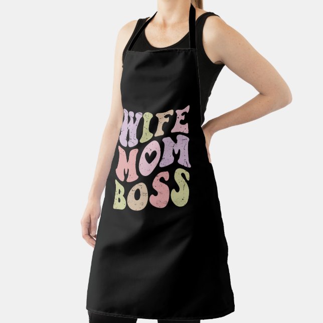 Wife Mum Boss Retro Groovy Mother's day Black Apron (Insitu)
