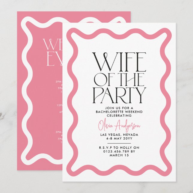 Wife of the party wavy line modern bachelorette invitation (Front/Back)