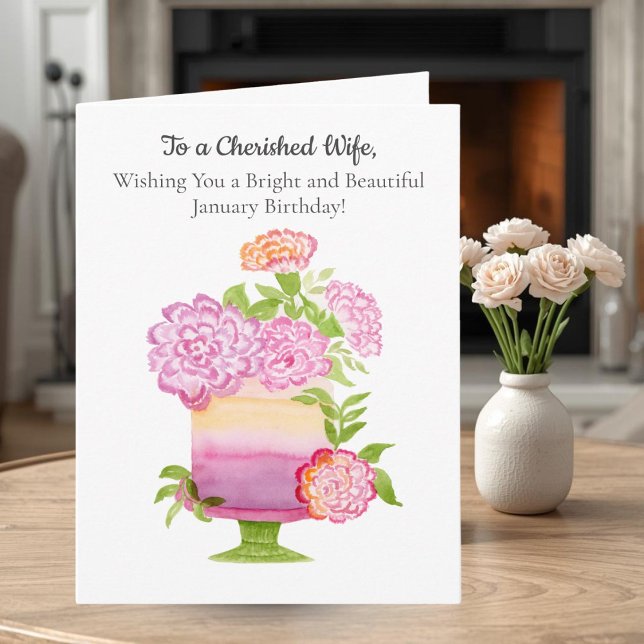 Wife Purple Carnations on January Birthday Cake Card (Creator Uploaded)