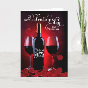 Wife Romantic Rose Petals and Wine Valentine's Day Holiday Card